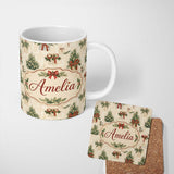 Personalized Custom Name Elegant Christmas Gift Boxes Pine Branch Red Bow Seamless Pattern 11oz Ceramic Coffee Tea Mug White Large Handle