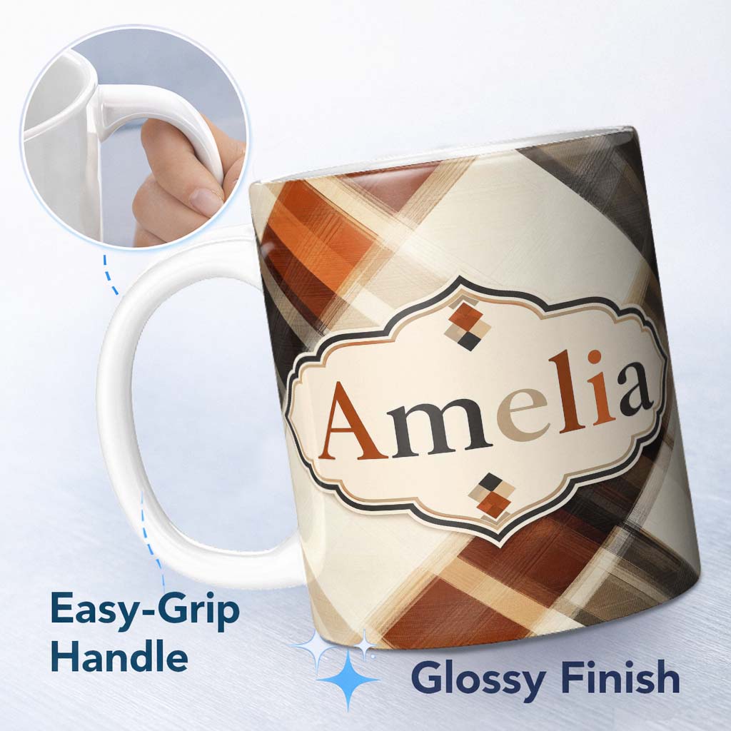 Personalized Custom Name Abstract Neutral Brush Stroke Plaid Texture Seamless Pattern Name 11oz Ceramic Coffee Tea Mug White Large Handle