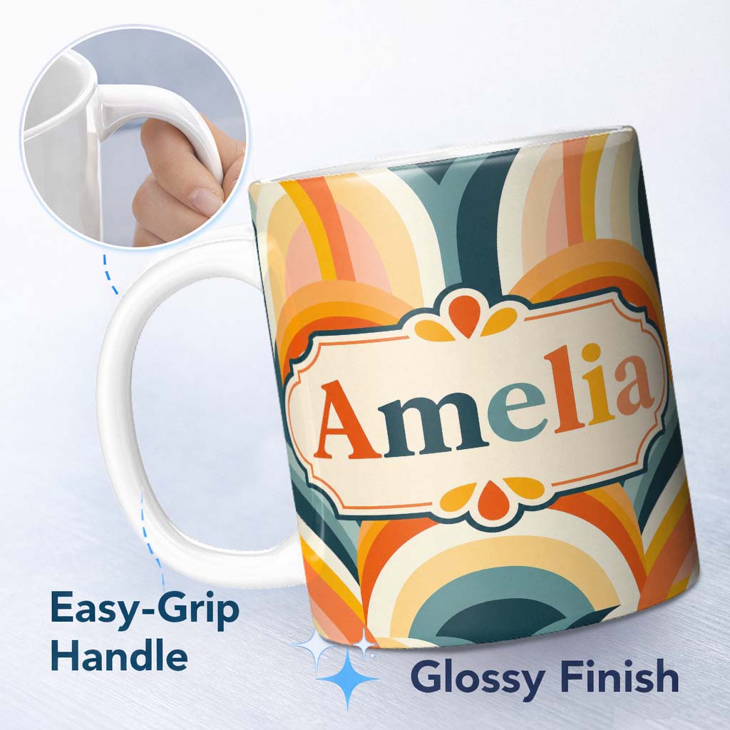Personalized Custom Name Rainbow Arch Mid Century Modern Seamless Pattern Name Cute Unique 11oz Ceramic Coffee Tea Mug White Large Handle