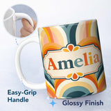 Personalized Custom Name Rainbow Arch Mid Century Modern Seamless Pattern Name Cute Unique 11oz Ceramic Coffee Tea Mug White Large Handle