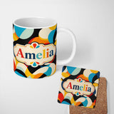 Personalized Custom Name Bold Abstract Organic Shapes Colorful Modern Seamless Pattern Name 11oz Ceramic Coffee Tea Mug White Large Handle
