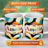 Personalized Custom Name Bold Abstract Organic Shapes Colorful Modern Seamless Pattern Name 11oz Ceramic Coffee Tea Mug White Large Handle