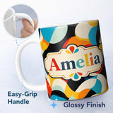 Personalized Custom Name Bold Abstract Organic Shapes Colorful Modern Seamless Pattern Name 11oz Ceramic Coffee Tea Mug White Large Handle