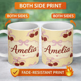 Personalized Custom Name Cherry Bow Ribbon Cute Golden Beige Soft Background Seamless Pattern 11oz Ceramic Coffee Tea Mug White Large Handle