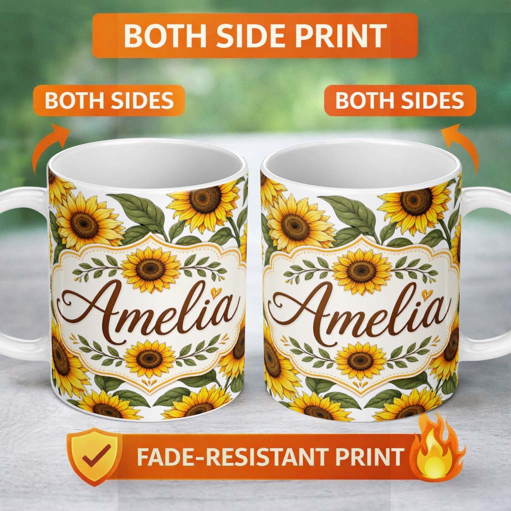 Personalized Custom Name Bright Yellow Sunflower White Background Seamless Pattern Custom 11oz Ceramic Coffee Tea Mug White Large Handle