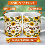 Personalized Custom Name Bright Yellow Sunflower White Background Seamless Pattern Custom 11oz Ceramic Coffee Tea Mug White Large Handle
