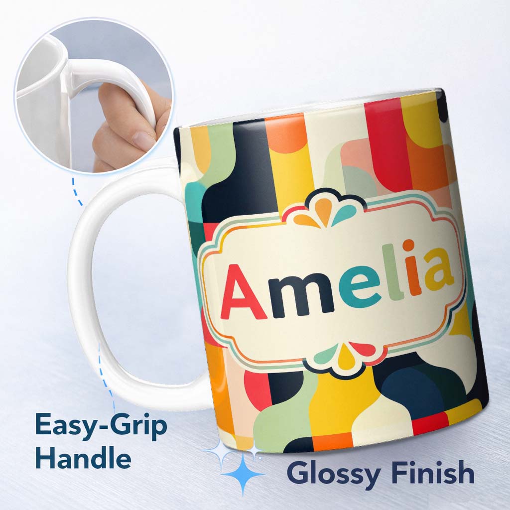Personalized Custom Name Geometric Color Block Rounded Shapes Modern Seamless Pattern Name 11oz Ceramic Coffee Tea Mug White Large Handle