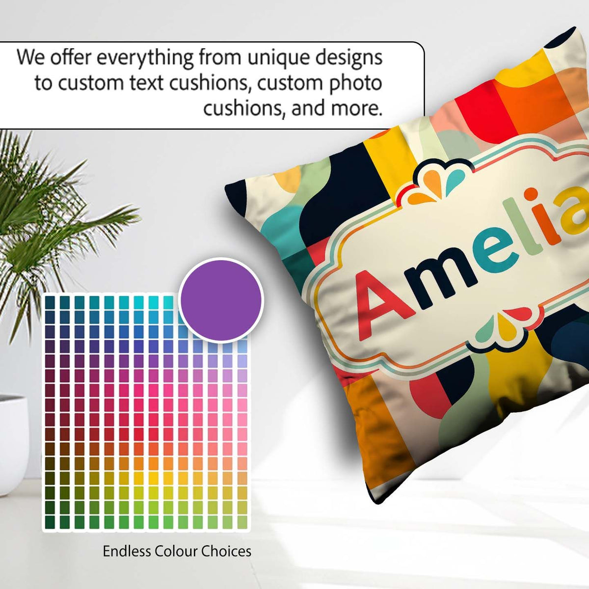 Custom Name Geometric Color Block Rounded Shapes Modern Seamless Square Filled Cushion Throw Pillow Sofa Bed Home Decor Zip Washable UK Made