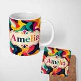 Personalized Custom Name Vibrant Fluid Abstract Waves Color Splash Seamless Pattern Name Cute 11oz Ceramic Coffee Tea Mug White Large Handle