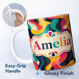 Personalized Custom Name Vibrant Fluid Abstract Waves Color Splash Seamless Pattern Name Cute 11oz Ceramic Coffee Tea Mug White Large Handle