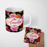 Personalized Custom Name Colorful Roses on Black Background Seamless Floral Pattern Lovely 11oz Ceramic Coffee Tea Mug White Large Handle
