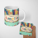 Personalized Custom Name Colorful Stylized Cityscape Buildings Illustration Seamless Pattern 11oz Ceramic Coffee Tea Mug White Large Handle
