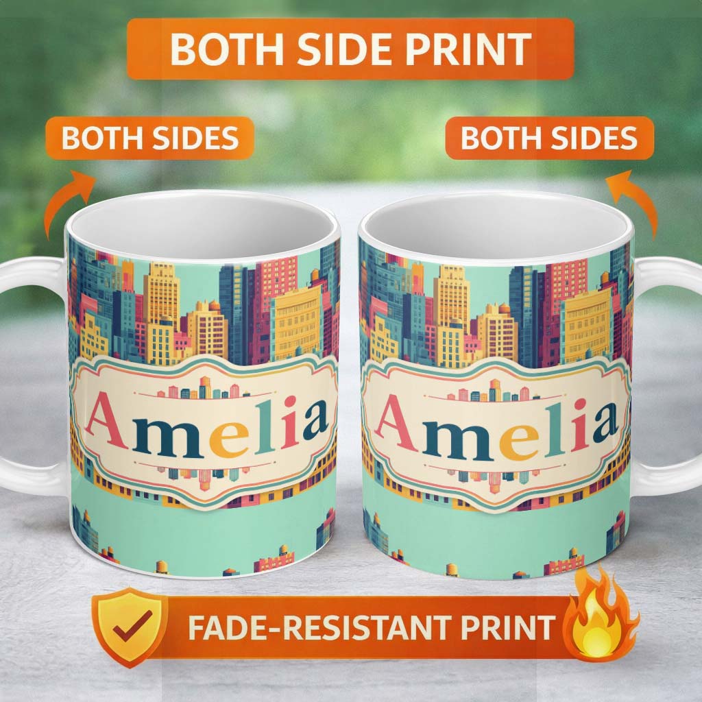 Personalized Custom Name Colorful Stylized Cityscape Buildings Illustration Seamless Pattern 11oz Ceramic Coffee Tea Mug White Large Handle