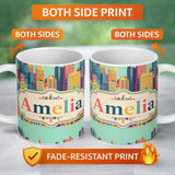 Personalized Custom Name Colorful Stylized Cityscape Buildings Illustration Seamless Pattern 11oz Ceramic Coffee Tea Mug White Large Handle