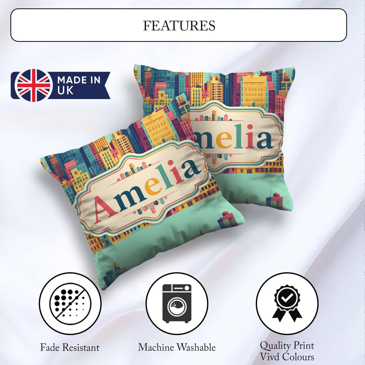 Custom Name Colorful Stylized Cityscape Buildings Illustration Square Filled Cushion Throw Pillow Sofa Bed Home Decor Zip Washable UK Made