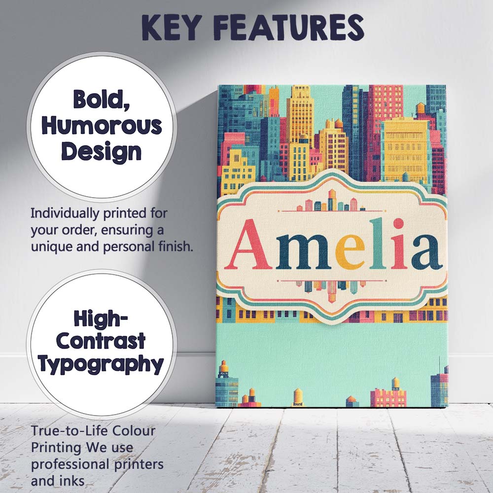 Personalised Name Colorful Stylized Cityscape Custom Unique Gift Idea Modern Room Accent Canvas Wall Art Print Decor Picture Ready to Hang