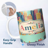 Personalized Custom Name Colorful Stylized Cityscape Buildings Illustration Seamless Pattern 11oz Ceramic Coffee Tea Mug White Large Handle