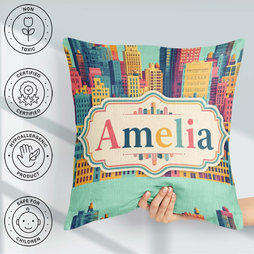 Custom Name Colorful Stylized Cityscape Buildings Illustration Square Filled Cushion Throw Pillow Sofa Bed Home Decor Zip Washable UK Made