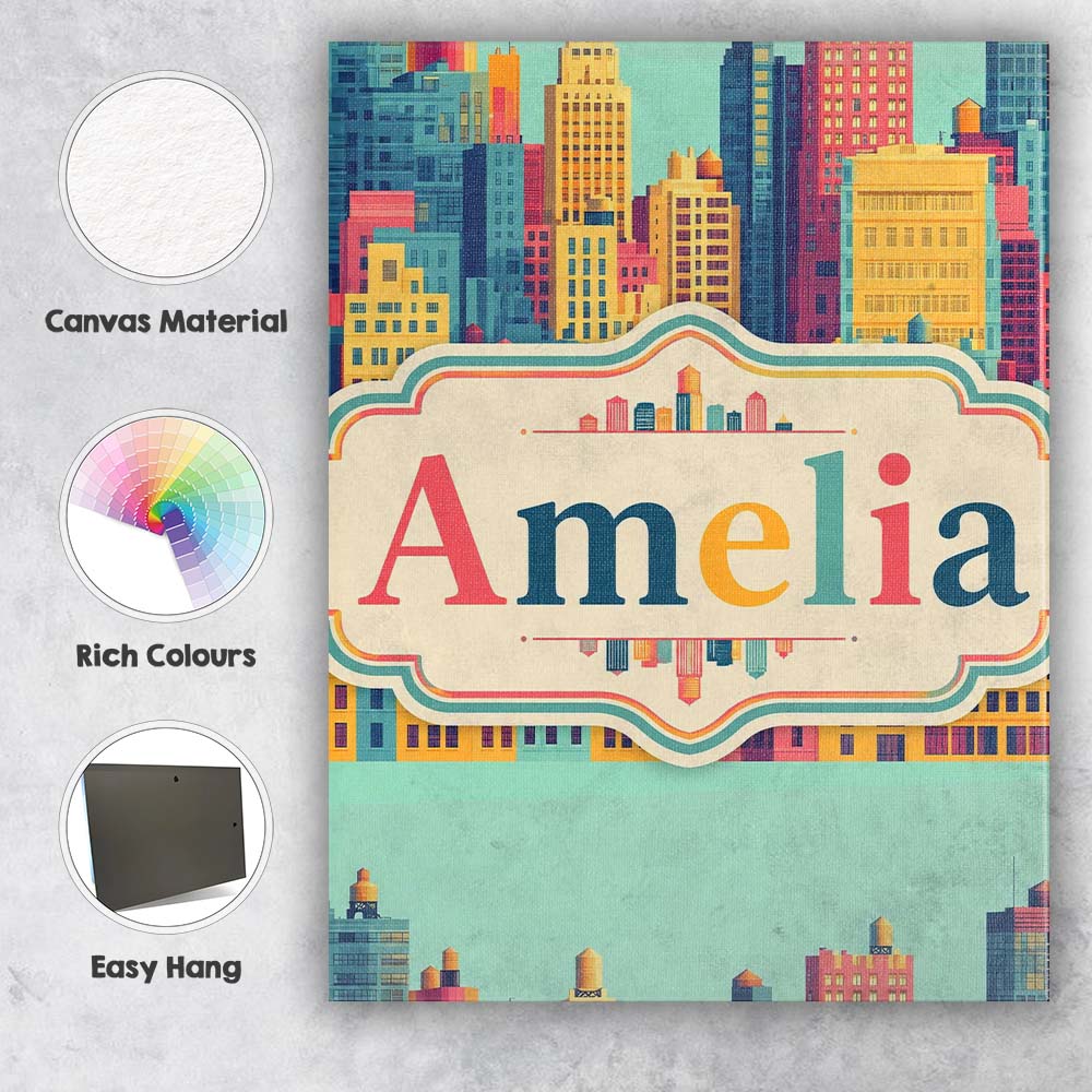 Personalised Name Colorful Stylized Cityscape Custom Unique Gift Idea Modern Room Accent Canvas Wall Art Print Decor Picture Ready to Hang