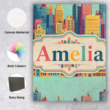 Personalised Name Colorful Stylized Cityscape Custom Unique Gift Idea Modern Room Accent Canvas Wall Art Print Decor Picture Ready to Hang