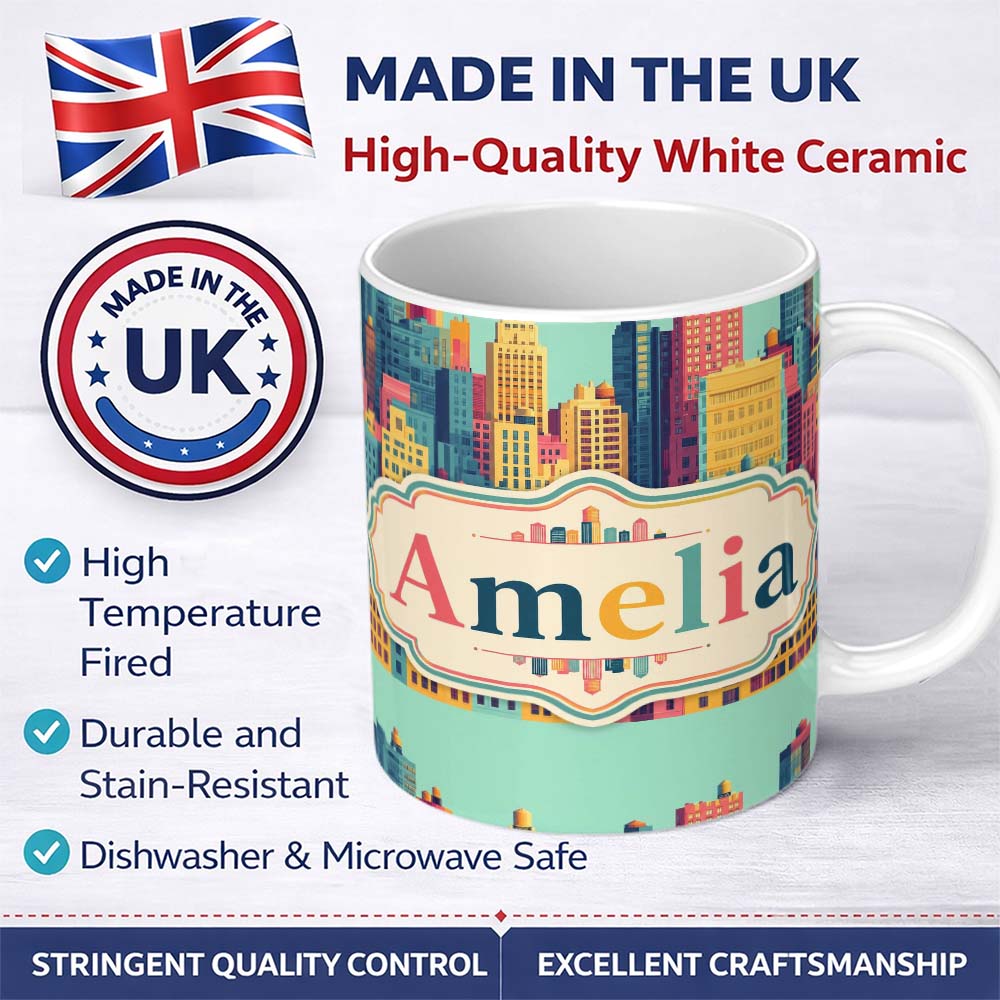 Personalized Custom Name Colorful Stylized Cityscape Buildings Illustration Seamless Pattern 11oz Ceramic Coffee Tea Mug White Large Handle