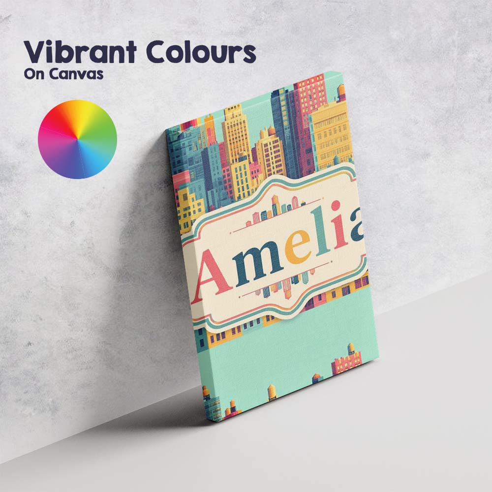 Personalised Name Colorful Stylized Cityscape Custom Unique Gift Idea Modern Room Accent Canvas Wall Art Print Decor Picture Ready to Hang