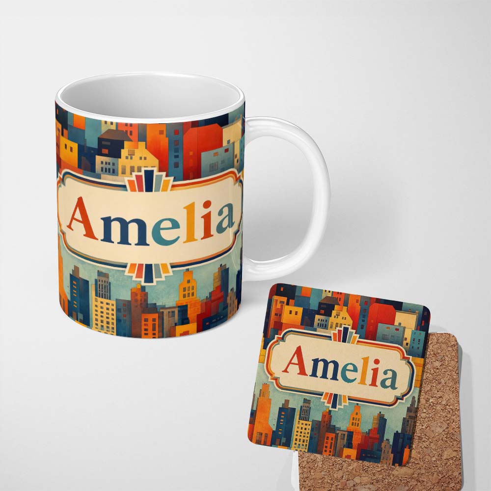 Personalized Custom Name Colorful Stylized Urban City Buildings Illustration Seamless 11oz Ceramic Coffee Tea Mug White Large Handle
