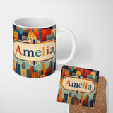 Personalized Custom Name Colorful Stylized Urban City Buildings Illustration Seamless 11oz Ceramic Coffee Tea Mug White Large Handle