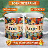 Personalized Custom Name Colorful Stylized Urban City Buildings Illustration Seamless 11oz Ceramic Coffee Tea Mug White Large Handle