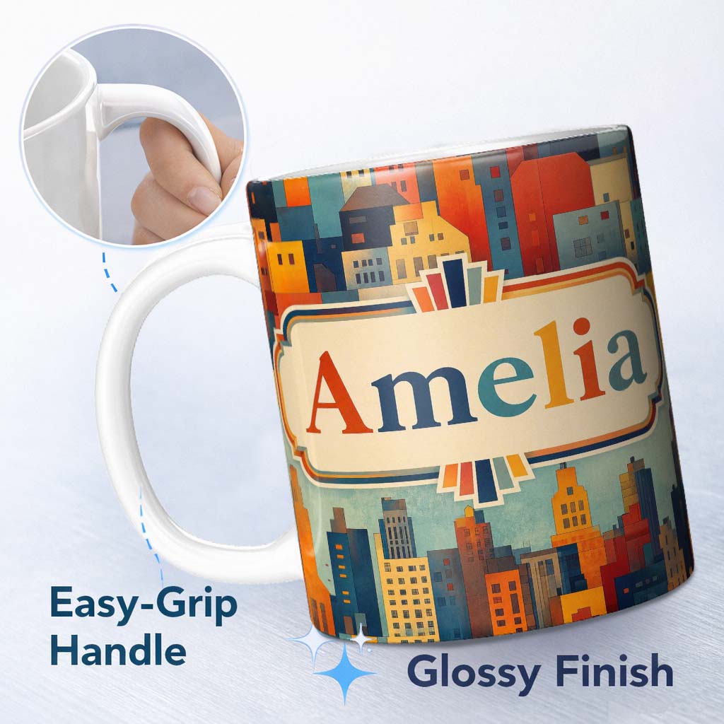 Personalized Custom Name Colorful Stylized Urban City Buildings Illustration Seamless 11oz Ceramic Coffee Tea Mug White Large Handle