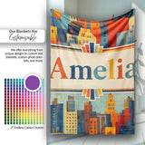 Colorful Stylized Urban City Buildings Illustration Seamless  Personalised Custom Name Super Soft Fleece Blanket Bed Sofa Throw