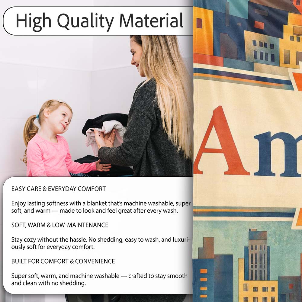 Colorful Stylized Urban City Buildings Illustration Seamless  Personalised Custom Name Super Soft Fleece Blanket Bed Sofa Throw