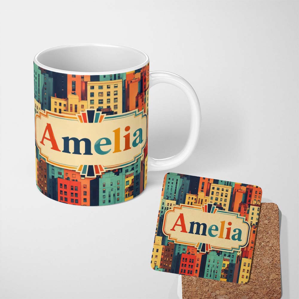 Personalized Custom Name Abstract Vibrant Cityscape Architecture Geometric Style Seamless 11oz Ceramic Coffee Tea Mug White Large Handle