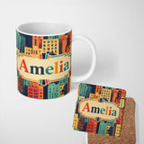Personalized Custom Name Abstract Vibrant Cityscape Architecture Geometric Style Seamless 11oz Ceramic Coffee Tea Mug White Large Handle