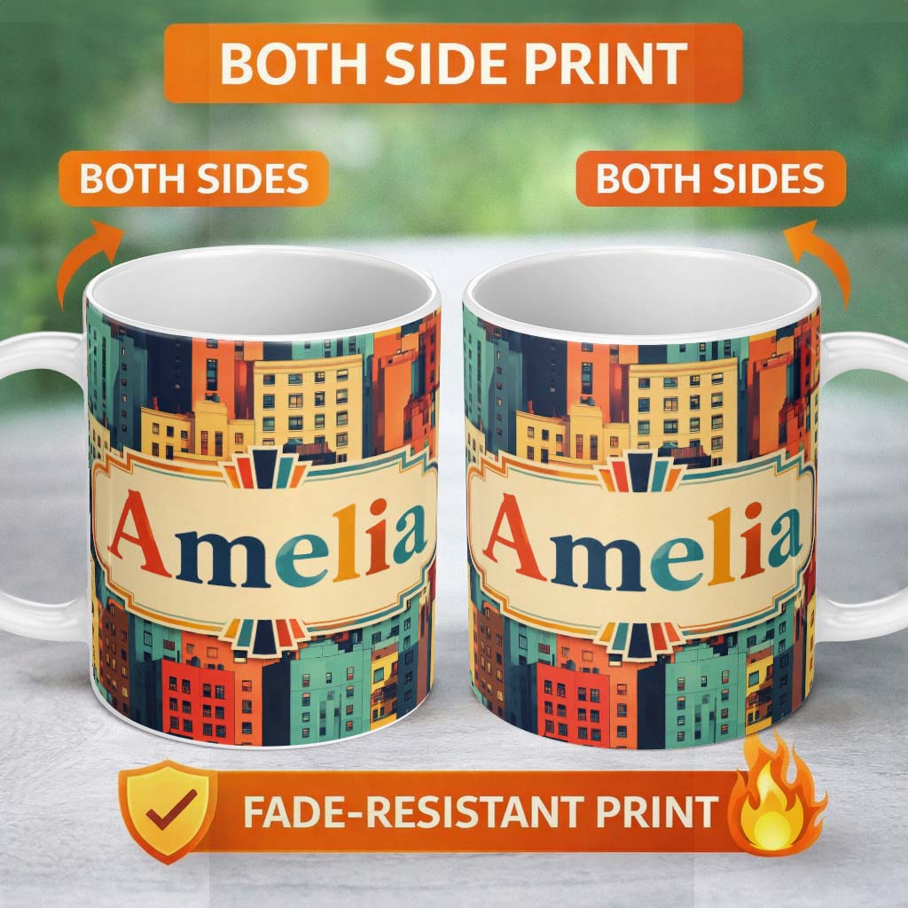 Personalized Custom Name Abstract Vibrant Cityscape Architecture Geometric Style Seamless 11oz Ceramic Coffee Tea Mug White Large Handle