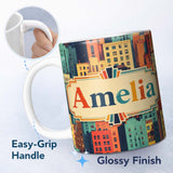Personalized Custom Name Abstract Vibrant Cityscape Architecture Geometric Style Seamless 11oz Ceramic Coffee Tea Mug White Large Handle