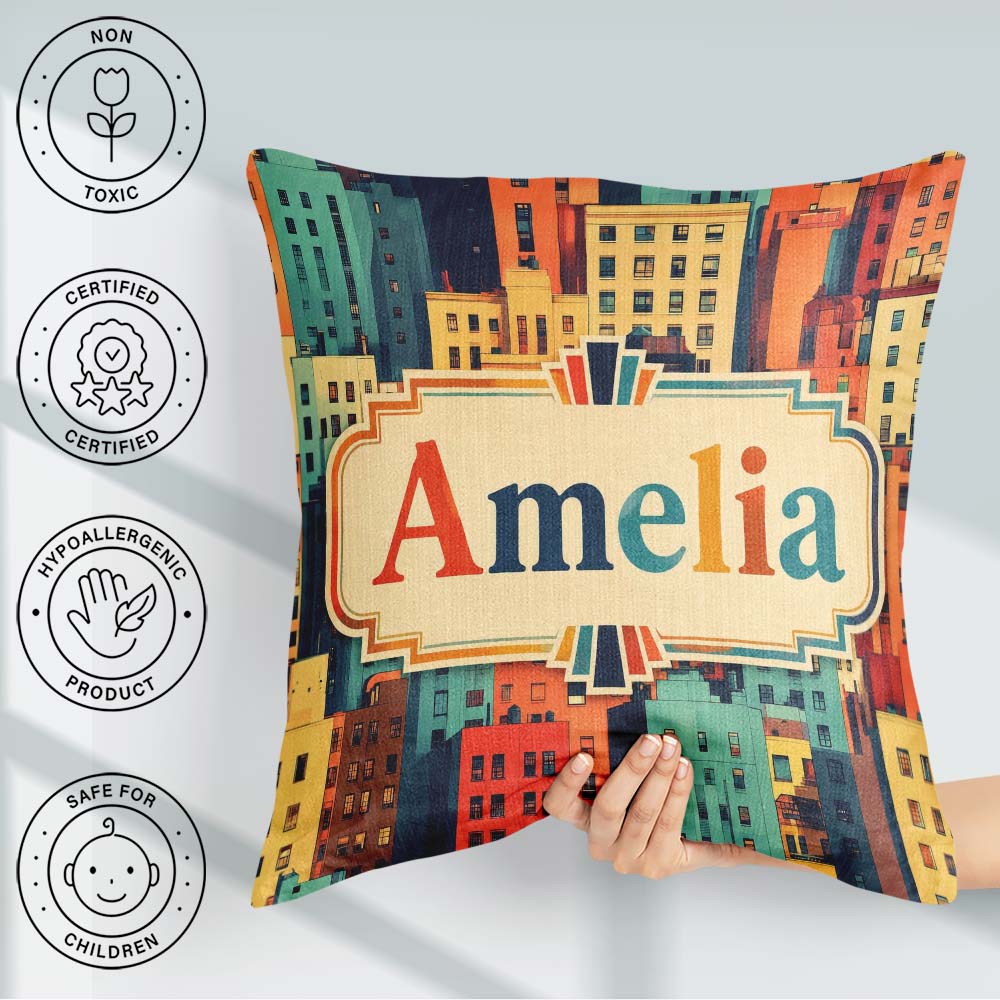 Custom Name Abstract Vibrant Cityscape Geometric Style Seamless Square Filled Cushion Throw Pillow Sofa Bed Home Decor Zip Washable UK Made