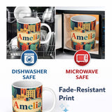 Personalized Custom Name Abstract Vibrant Cityscape Architecture Geometric Style Seamless 11oz Ceramic Coffee Tea Mug White Large Handle