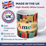 Personalized Custom Name Abstract Vibrant Cityscape Architecture Geometric Style Seamless 11oz Ceramic Coffee Tea Mug White Large Handle