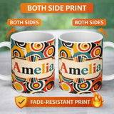 Personalized Custom Name Circle Geometric Abstract Pattern Bold Color Seamless Name Cute 11oz Ceramic Coffee Tea Mug White Large Handle