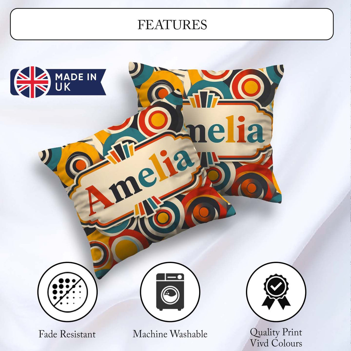 Custom Name Circle Geometric Abstract Pattern Bold Seamless Name Square Filled Cushion Throw Pillow Sofa Bed Home Decor Zip Washable UK Made