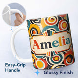 Personalized Custom Name Circle Geometric Abstract Pattern Bold Color Seamless Name Cute 11oz Ceramic Coffee Tea Mug White Large Handle