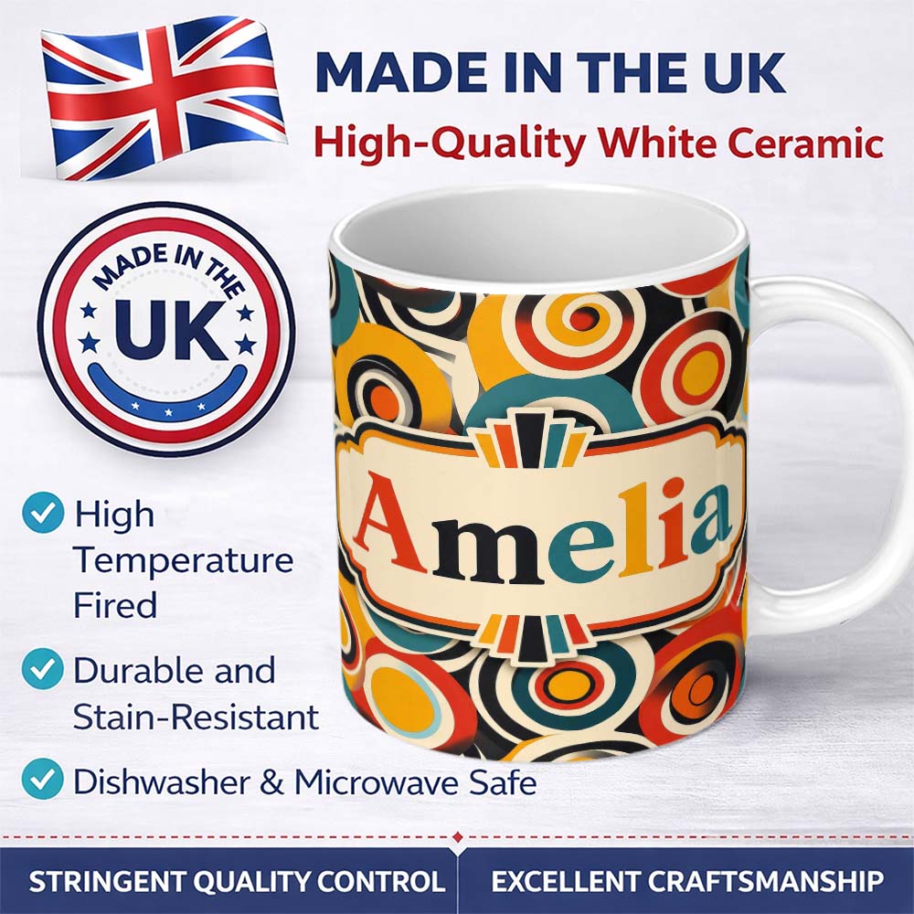 Personalized Custom Name Circle Geometric Abstract Pattern Bold Color Seamless Name Cute 11oz Ceramic Coffee Tea Mug White Large Handle