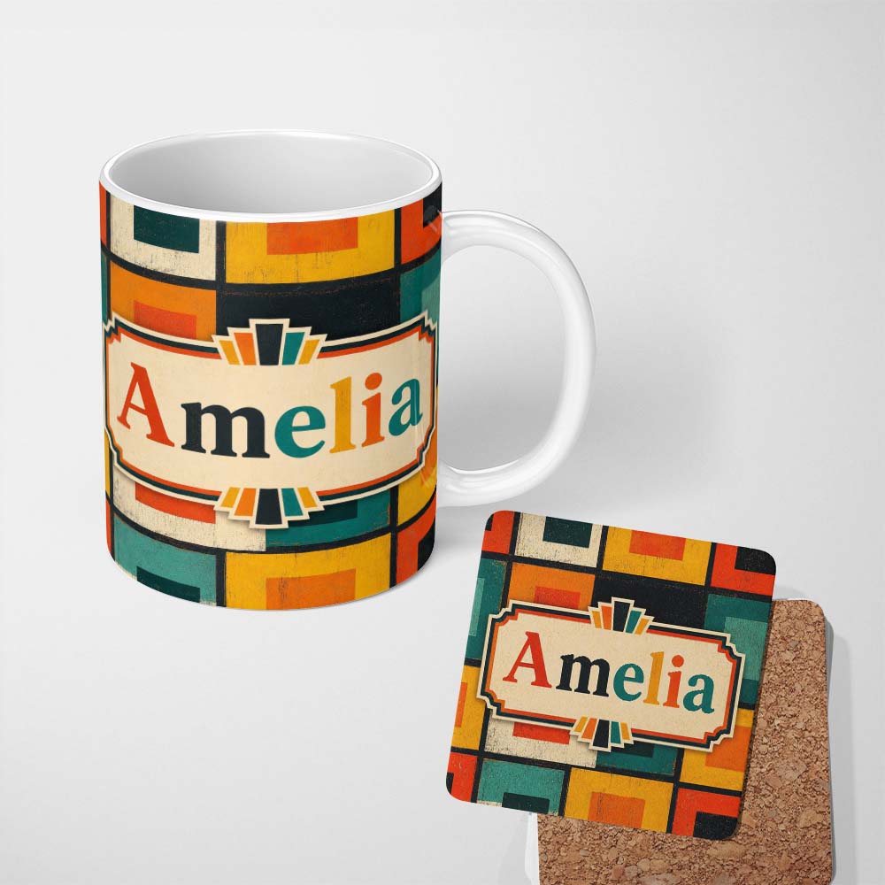 Personalized Custom Name Vintage Abstract Block Texture Geometric Pattern Seamless Custom 11oz Ceramic Coffee Tea Mug White Large Handle