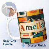 Personalized Custom Name Vintage Abstract Block Texture Geometric Pattern Seamless Custom 11oz Ceramic Coffee Tea Mug White Large Handle