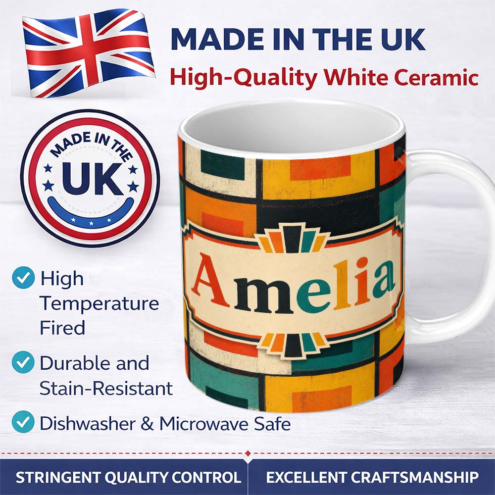 Personalized Custom Name Vintage Abstract Block Texture Geometric Pattern Seamless Custom 11oz Ceramic Coffee Tea Mug White Large Handle