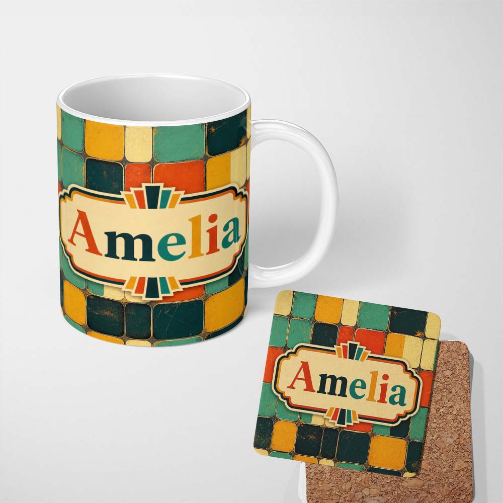 Personalized Custom Name Rounded Square Color Grid Pattern Texture Seamless Name Cute Unique 11oz Ceramic Coffee Tea Mug White Large Handle