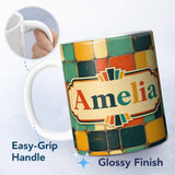 Personalized Custom Name Rounded Square Color Grid Pattern Texture Seamless Name Cute Unique 11oz Ceramic Coffee Tea Mug White Large Handle