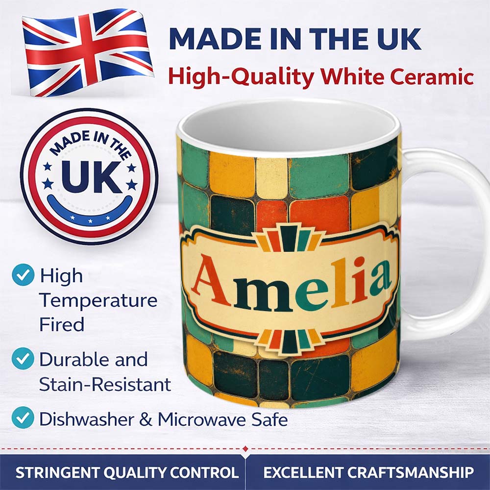 Personalized Custom Name Rounded Square Color Grid Pattern Texture Seamless Name Cute Unique 11oz Ceramic Coffee Tea Mug White Large Handle