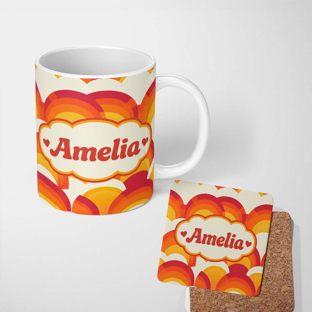 Personalized Custom Name Rainbow Arch Layered Scallop Pattern Seamless Custom Name Cute 11oz Ceramic Coffee Tea Mug White Large Handle